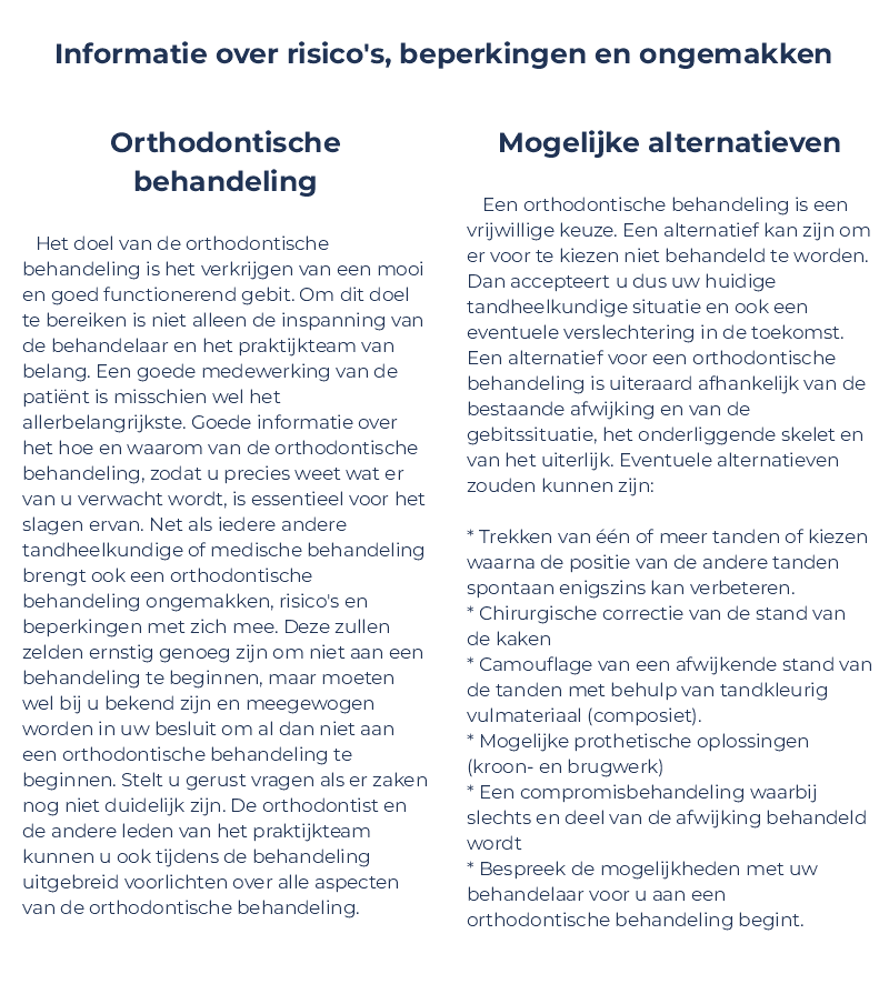 Informatieve afbeelding die de risico's en voordelen van orthodontische behandelingen, zoals aligners en beugels, uitlegt